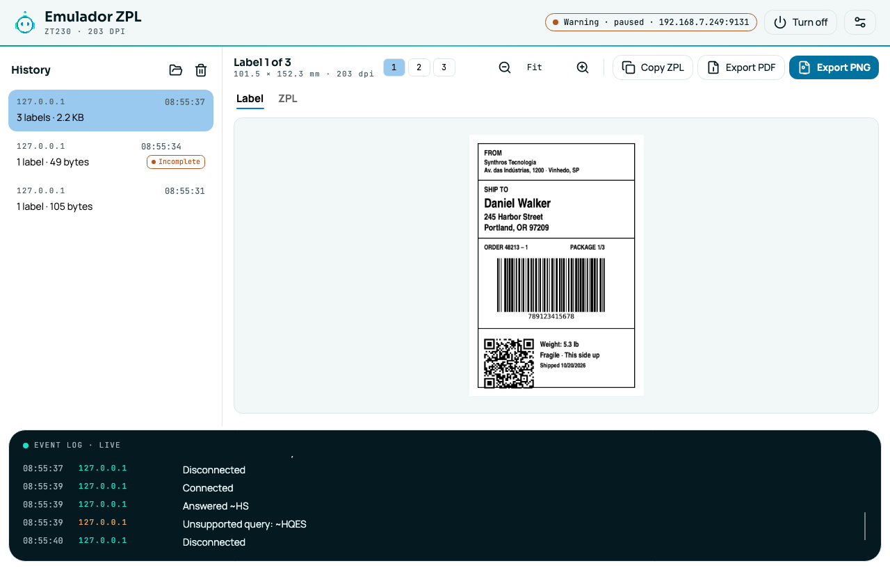Emulador ZPL window: job history on the left, label preview in the center and event log at the bottom.
